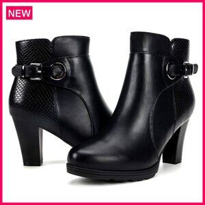 Women's Chunky Heel Ankle Boots with Side Zipper and Buckle Strap